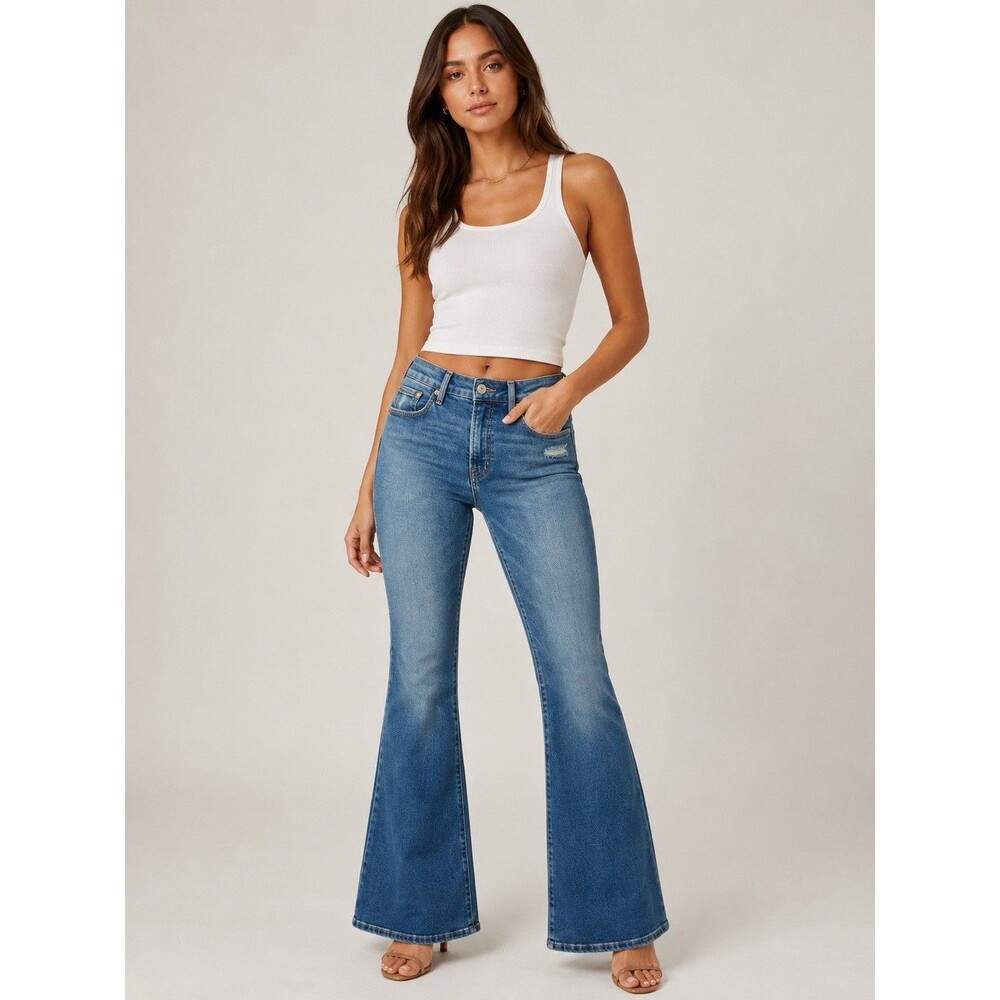 Good American Good Legs Flare Women's 10/30 Mid Rise Stretch Distressed Jeans